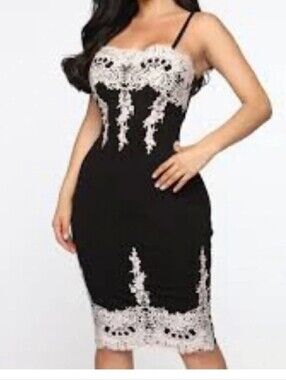 Haute Monde Black Midi Dress with Cream Lace Appliqué